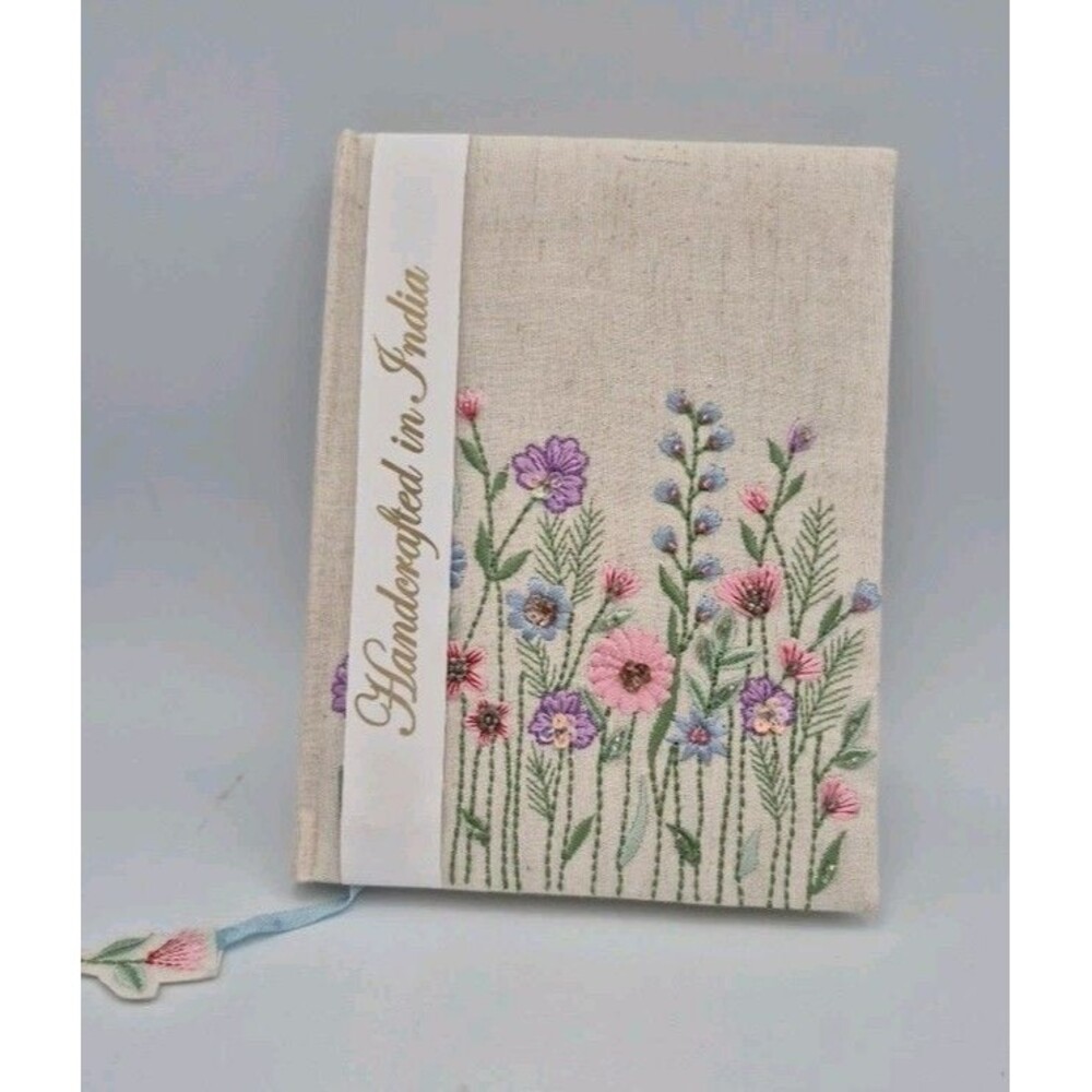 Fabric Covered Hardcover Beige With Multicolor Flowers Beaded Handcrafted India